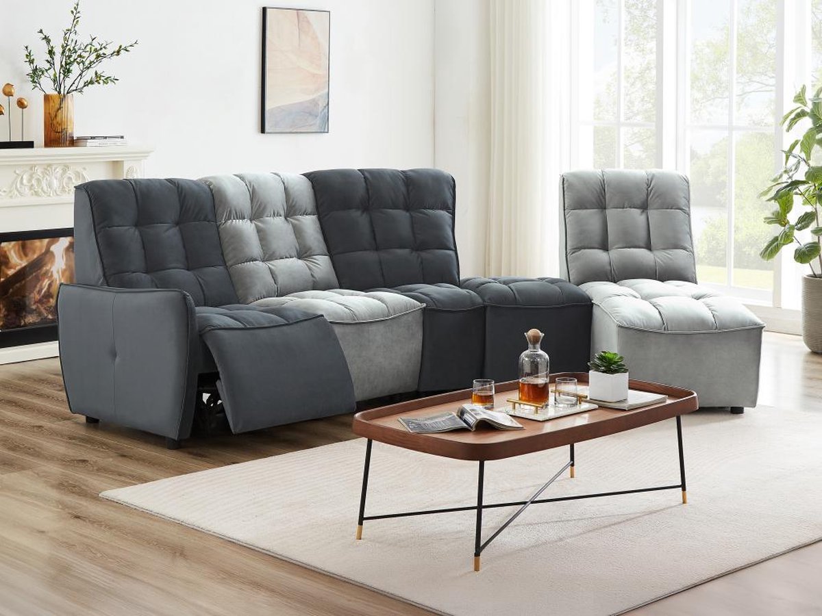 Vente-unique Moduleerbare relaxhoekbank van fluweel - Lichtgrijs en antraciet - ALFORD