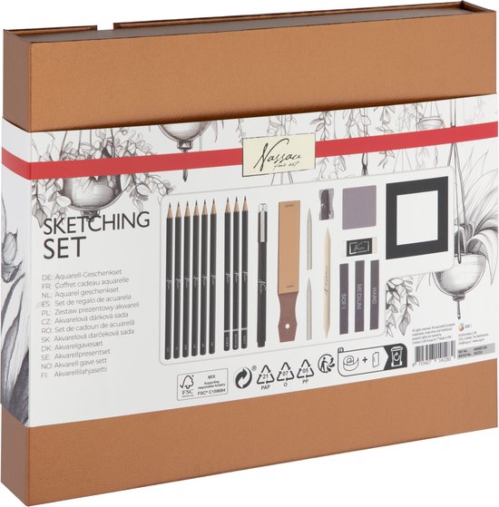 Gesloten "Sketching Set" verpakking met illustraties, meertalige tekst en 22 onderdelen.