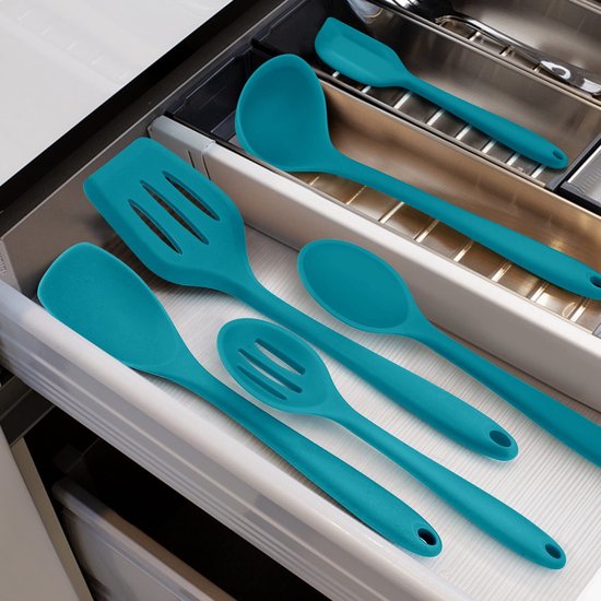 Joseph Joseph Duo 5-delige Keukenhulpset met opbergrek, Keukengerei Set, hittebestendig kookgerei, siliconen handgrepen, Pollepel, Kookspatels, Keukentang, Veelkleurig
