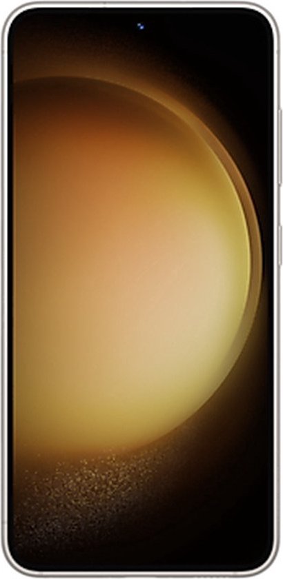 Vooraanzicht van de crème Samsung Galaxy S23 met een helder scherm.