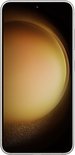 Vooraanzicht van de crème Samsung Galaxy S23 met een helder scherm.