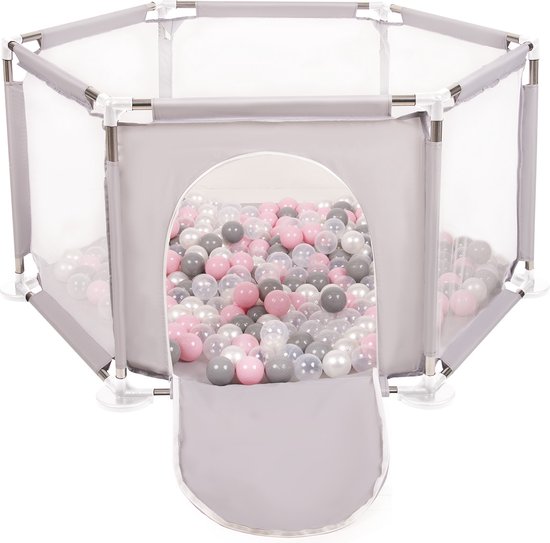 Selonis Square Babybox Met Plastic Ballen, Basketbal, Grijs :Geel/Groen/Blauw/Rood/Oranje,100 Ballen
