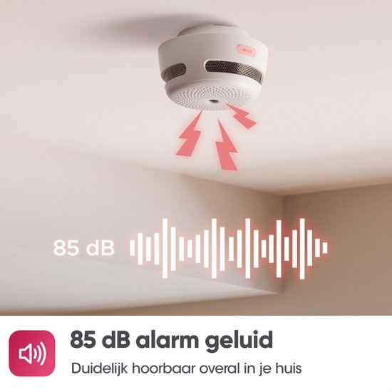 Witte rookmelder aan het plafond met rode bliksem die een geluidssignaal van 85 dB aangeeft. 85 dB alarmgeluid, duidelijk hoorbaar in je huis.