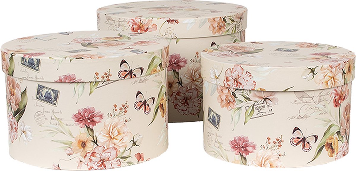 Clayre & Eef Opbergdoos Set van 3 Ø 24x16 / Ø 22x15 / Ø 21x13 cm Beige Karton Bloemen