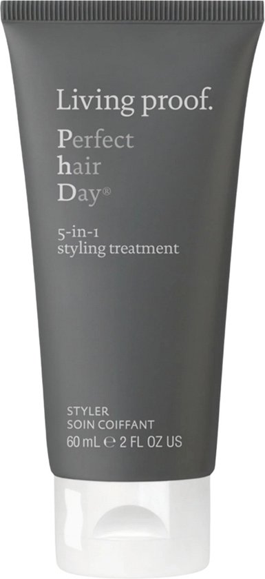 Tube gris Living Proof Perfect hair Day 5-en-1 traitement coiffant avec bouchon blanc, isolé sur fond blanc.