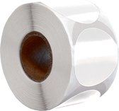 Rol met witte, ronde, zelfklevende etiketten met een glanzende afwerking.