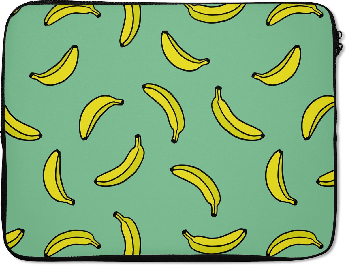 Laptophoes 17 inch - Bananen - Geel - Groen - Print - Laptop sleeve - Binnenmaat 41x28 cm - Zwarte achterkant