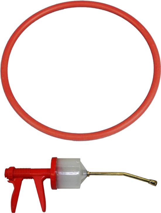 Rode ringafdichting met een rode spuit met doorzichtige cilinder en gebogen metalen tuit.