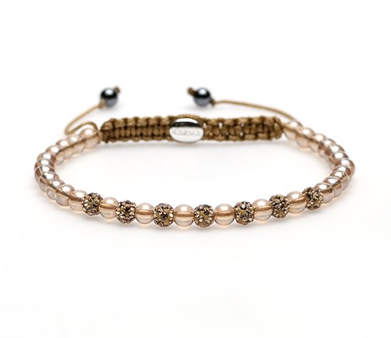Gouden bruine armband met kristallen en gevlochten koord.