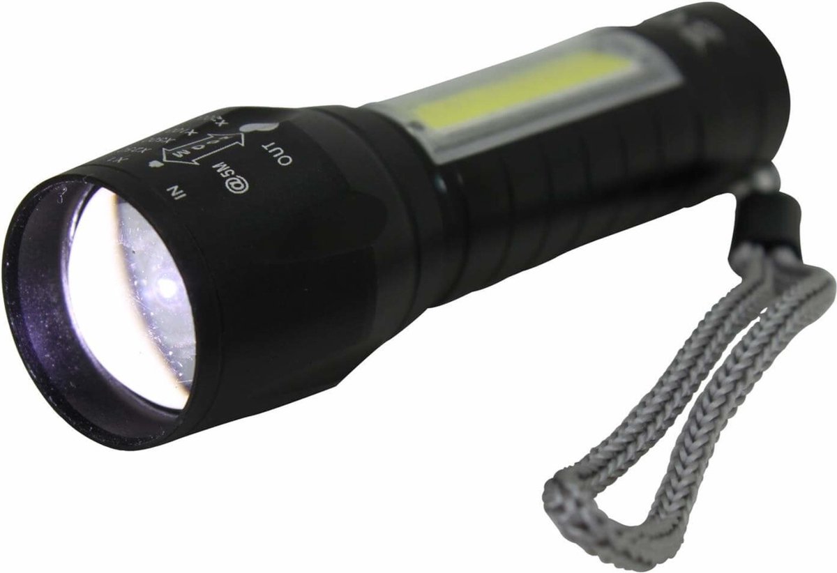 Hofftech Tactical zaklamp - zoomfunctie - LED COB - oplaadbaar - 10 cm - zwart