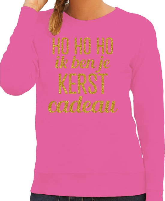 Bellatio Decorations Foute kersttrui/sweater voor dames - Hohoho kerst cadeau - roze - glitter goud S