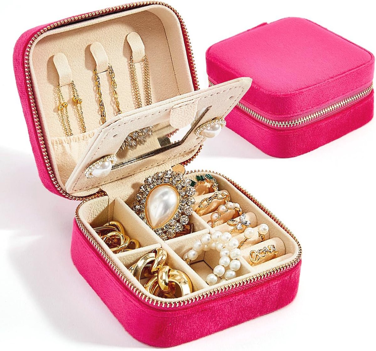 Draagbare Sieradendoos met Spiegel - Mini Organizer voor Ringen, Oorbellen en Armbanden