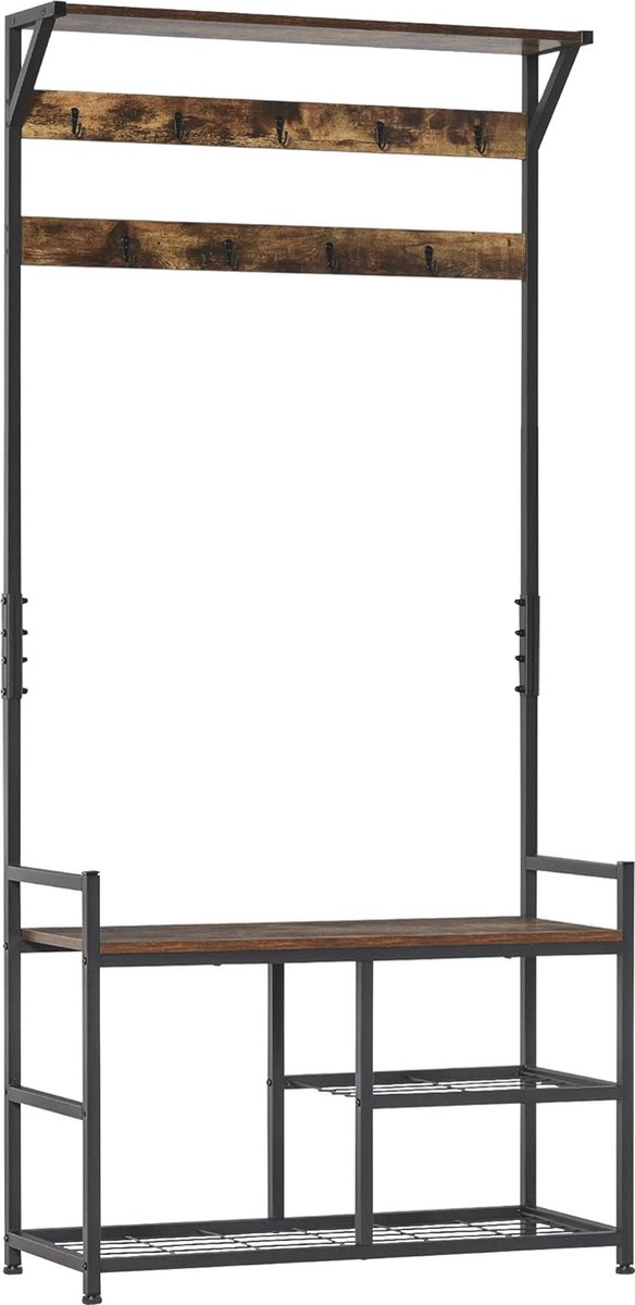 Kapstok met Schoenenrek en Bank - 3-in-1 Industriële Garderobe voor Entree - Bruin en Zwar