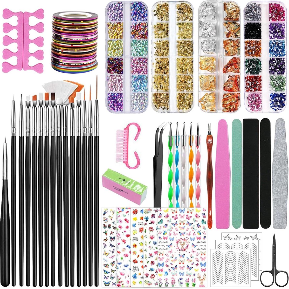 Goedkoopste 96-delige Nail Art-penselenset met decoratie-accessoireset - 15 stokjes - zwart - 5-delige stippelpennagelborstelset - strasssteentjesgereedschap