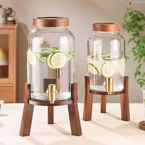 5L glazen drankdispenser met spon en houten standaard, ideaal voor