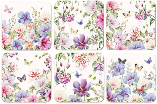Six sous-verres avec une aquarelle de fleurs d'hibiscus, papillons et abeilles dans des tons doux de violet, rose et bleu.