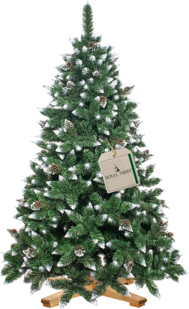 Luxe kunstkerstboom met sneeuw, dennenappels, 220 cm hoog, zonder verlichting, op houten standaard.