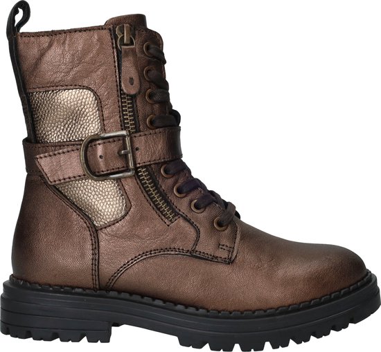 Bruine veterlaars met rits, gesp en goudkleurig reptielprintdetail op de zijkant.