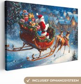 Canvas schilderij 150x100 cm - Wanddecoratie Kerstman - Rendier - Kerst - Sneeuw - Muurdecoratie woonkamer - Slaapkamer decoratie - Kamer accessoires - Schilderijen op canvas - Kerstdecoratie voor binnen - Kerstversiering - Kerstmis versiering