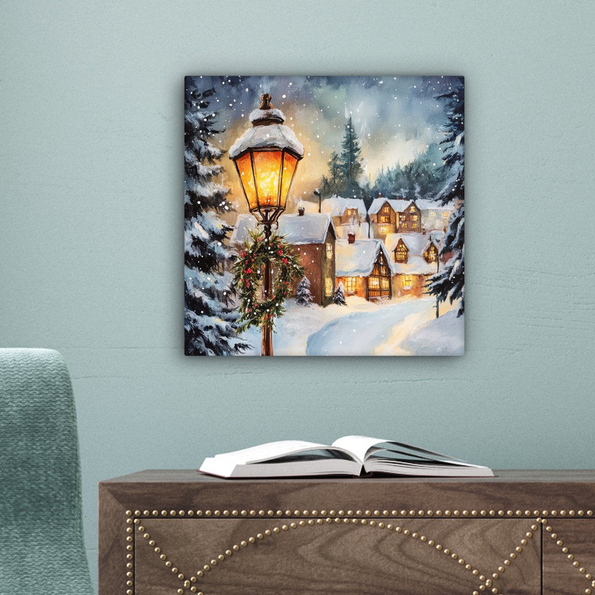 Canvas schilderij 20x20 cm - Wanddecoratie Kerstdorp - Huizen - Sneeuw - Kerst - Muurdecoratie woonkamer - Slaapkamer decoratie - Kamer accessoires - Schilderijen op canvas - Kerstdecoratie voor binnen - Kerstversiering - Kerstmis versiering – foto 3
