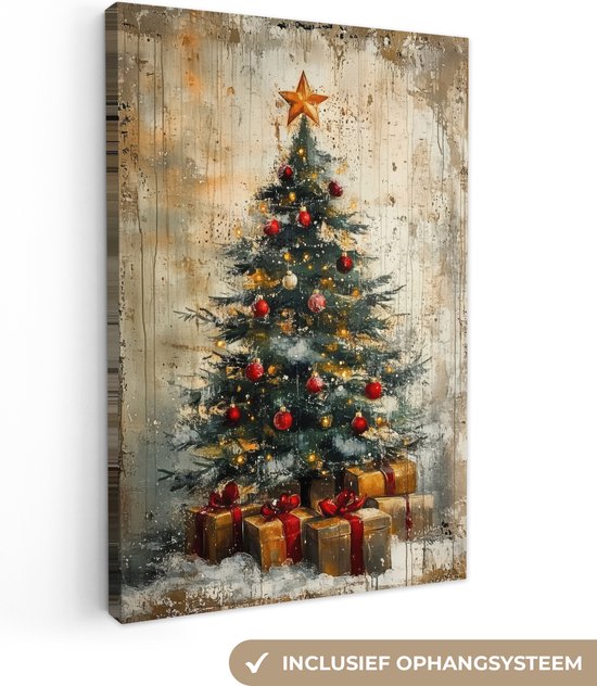 Canvas schilderij 60x90 cm - Wanddecoratie Kerstboom - Vintage - Kerst - Cadeau - Muurdecoratie woonkamer - Slaapkamer decoratie - Kamer accessoires - Schilderijen op canvas - Kerstdecoratie voor binnen - Kerstversiering - Kerstmis versiering