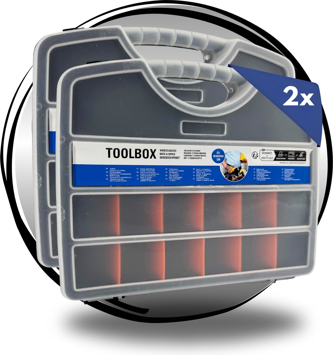 TronicXL 2 stuks Sortimentsbox 25x21 cm – Stapelbare kunststof opbergdoos voor schroeven, spijkers, moeren & hobbyartikelen | Verstelbare vakken, stevige organizer voor werkplaats & hobby