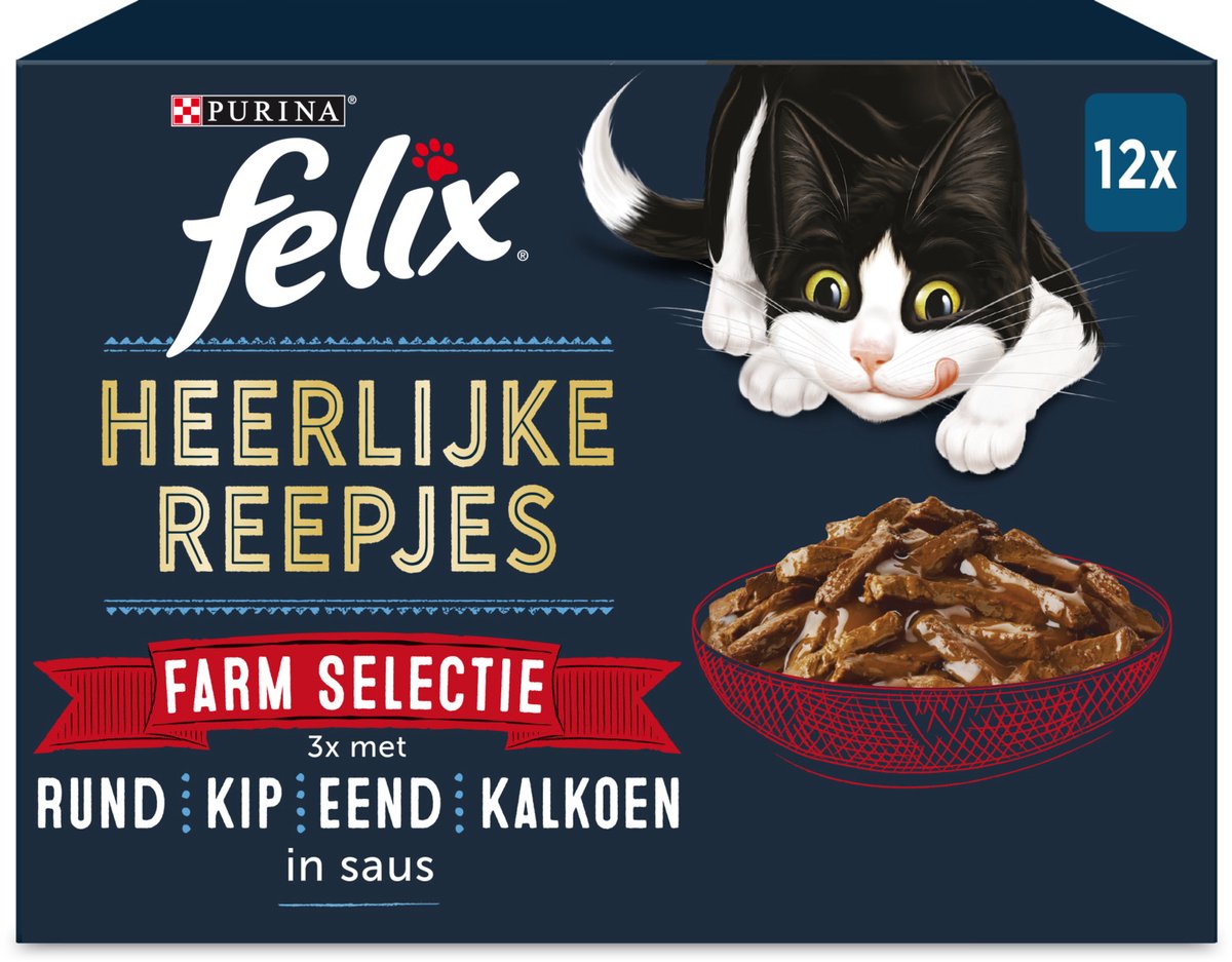 Felix Heerlijke Reepjes Farm Selectie met rund, kip, eend, kalkoen in saus natvoer kat 4 x (12 x 80 g)