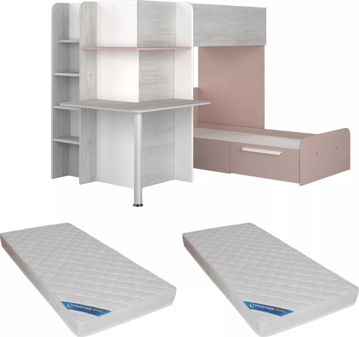 Vente-unique Stapelbed hout lichtgrijs, poederroze 90 x 190 cm