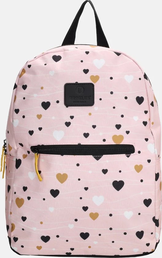 Roze rugzak met een patroon van zwarte, witte en gouden hartjes, met een voorvak.