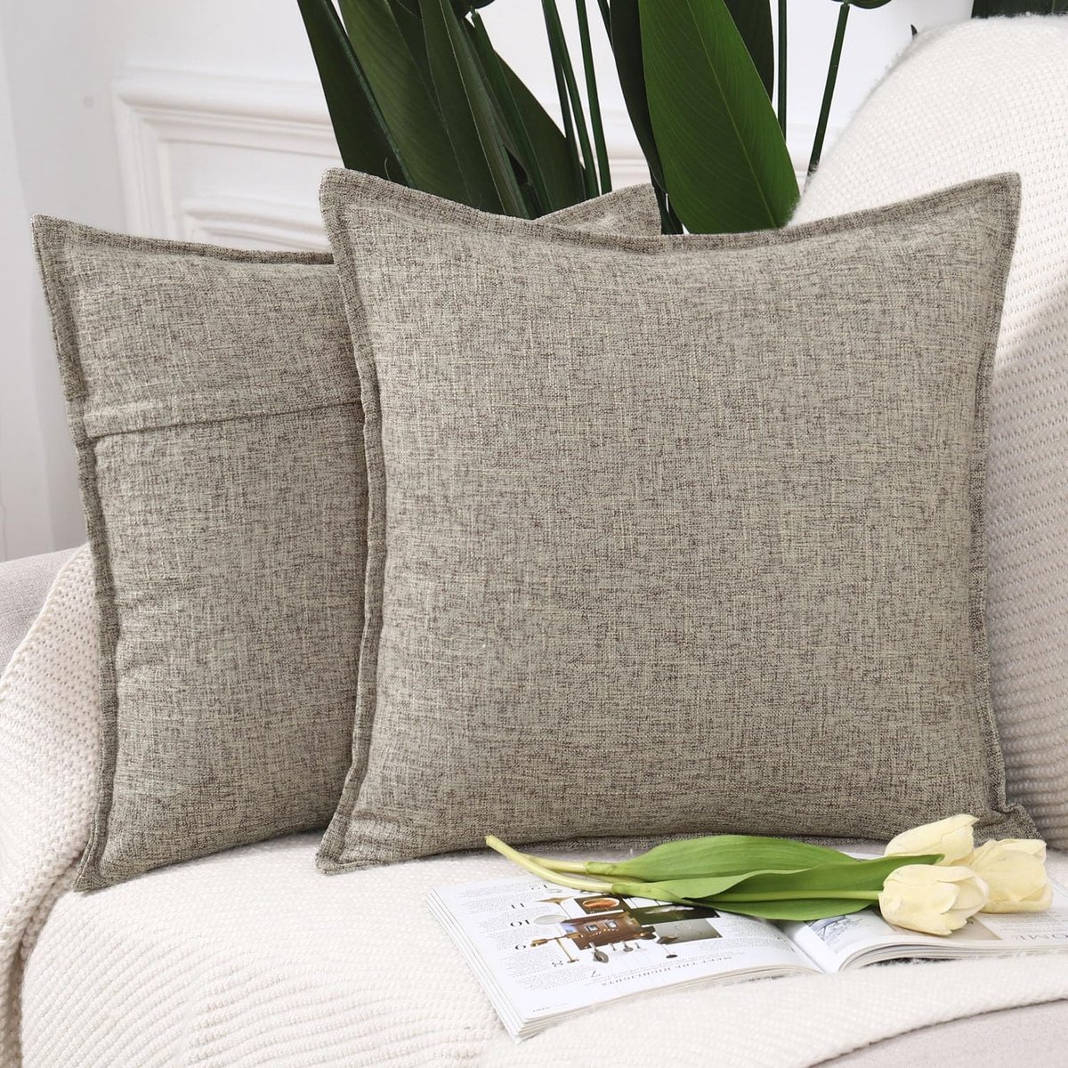 Goodivery ® Comfortabele Set van 2 Vierkante Kussenhoezen in Zachte Taupe Linnen Stijl