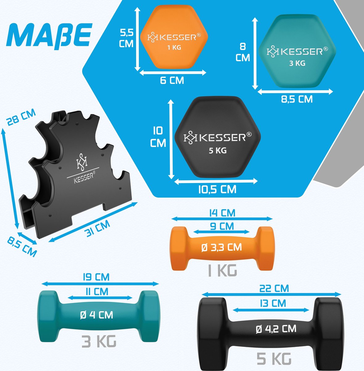 KESSER® Dumbells Set 3 Paren (2x 1, 2 & 5kg) = 18 kg totaal | 6x Dumbbells verstelbaar Geschikt voor Fitness Zumba & Aerobics | Halters Gewichten Set met Standaard | Halterset met oefeningenboekje, 2x fitnessbanden – foto 8