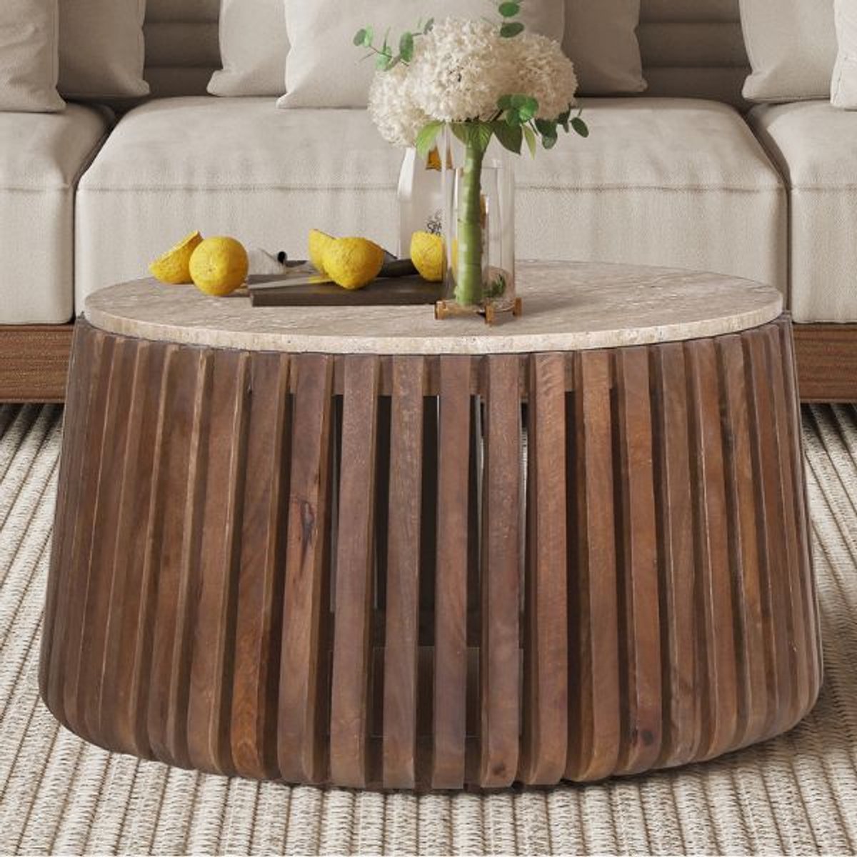 Salontafel 'Luuk' 70 cm Rond Mango Hout met Travertin Beige
