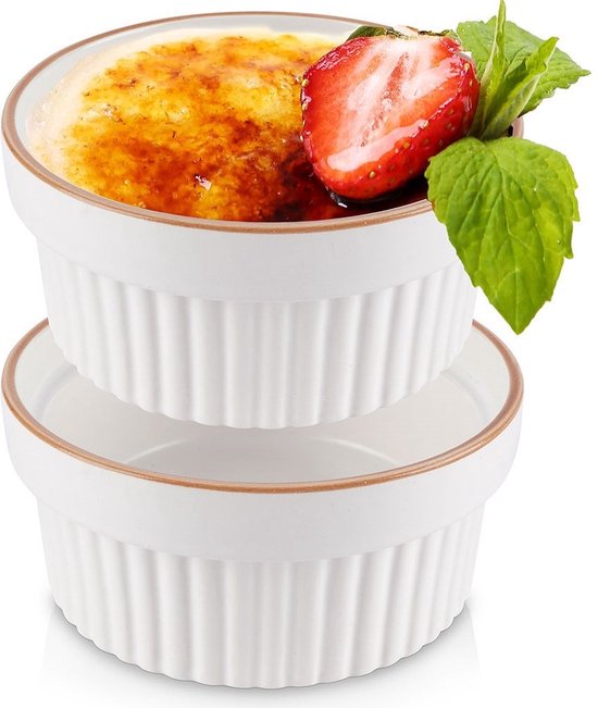 Creme Brulee Schaaltjes Porselein Wit 11 cm, 275 ml 2 stuks - Ramekins - Set - Ovenschaal - Snackkommen - Dipschalen - Kleine Komen voor Dipsauzen en Snacks