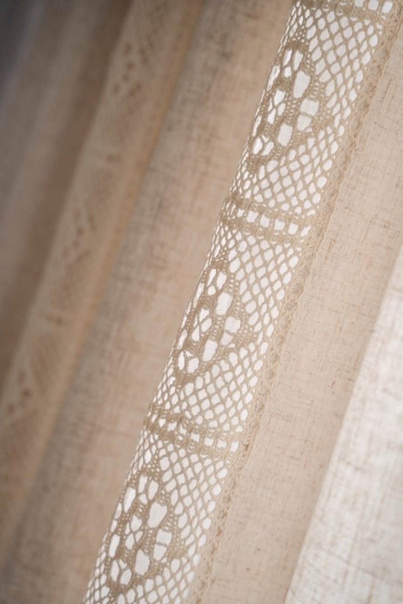 Boho gordijn haakjes kanten patchwork semi-blackout bohemian handgemaakte kwastjes, staaf pocket raambehandeling vintage rustieke boerderij gordijnen voor woonslaapkamer, 59 "W x 63"L(150X220cm),-beige