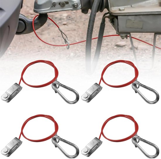 MULTIBROS 2 x scheurkabel, 1 m, met vorkkop, remkabel, vangtouw, veiligheidskabel voor aanhangers en caravans, stabiele staalkabel met karabijnhaak en rode beschermende ommanteling