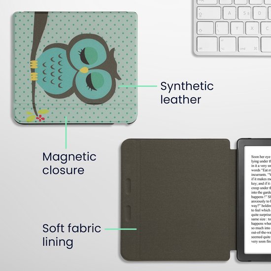 kwmobile e-reader hoesje geschikt voor Kobo Libra Colour hoes - E reader flip case met magnetische sluiting - Ereader cover - Slapende Uil design in turquoise / bruin / mintgroen van Merkloos — afbeelding 3