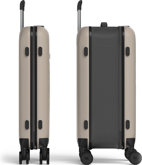 Vue latérale d'une valise Rollink beige clair avec côtés et roues noirs.