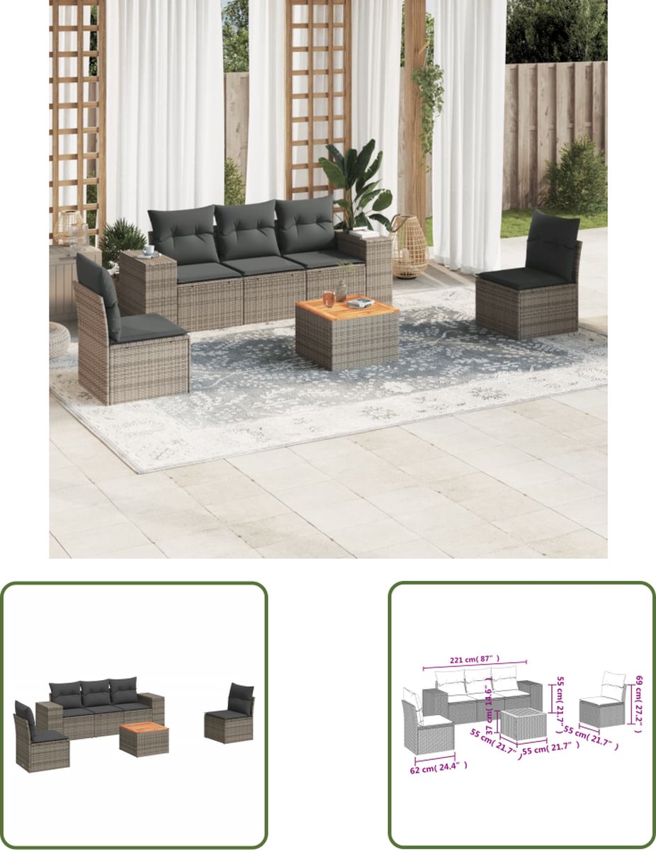 The Living Store 6-delige Loungeset met kussens poly rattan grijs - Loungebank - Lounge Set - Tuinlounge - Buitendining - Teak
