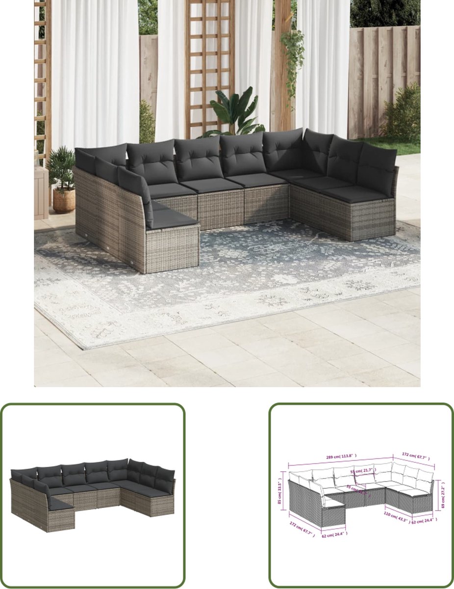 Grijze poly rattan loungeset met kussens - The Living Store.