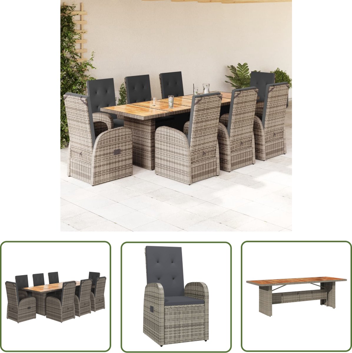 The Living Store 9-delige Tuinset met kussens poly rattan grijs - Tuinsets - Buitenmeubilair - Lounge Set - Eetkamerset - Patio Set