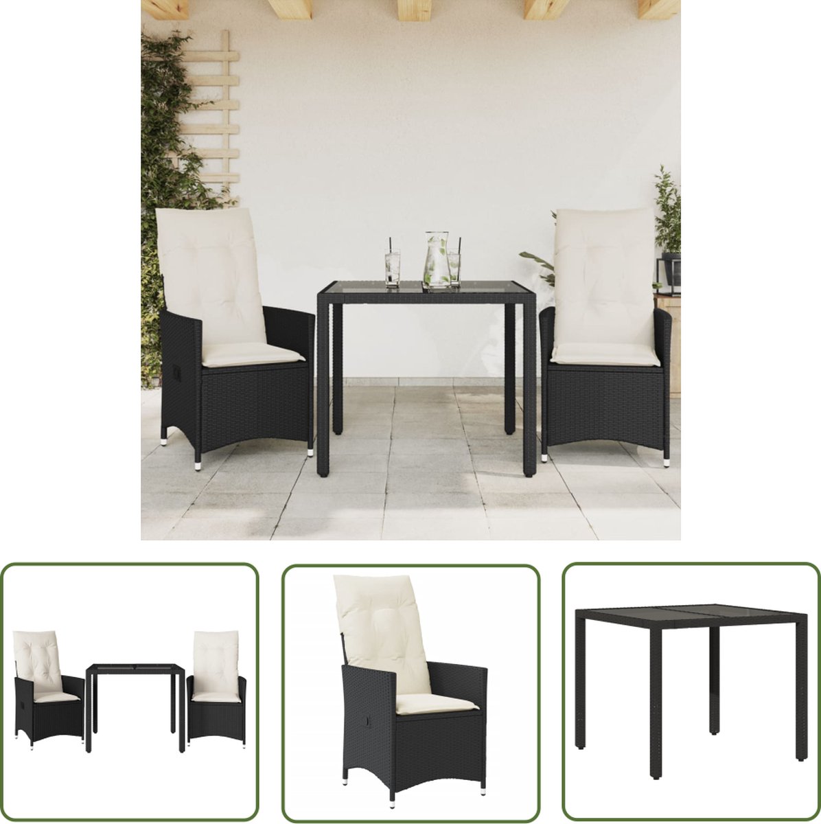 The Living Store 3-delige Bistroset met kussens poly rattan zwart - Bistroset - Tuinmeubels - Lounge Set - Buitendecoratie - Patio Furniture