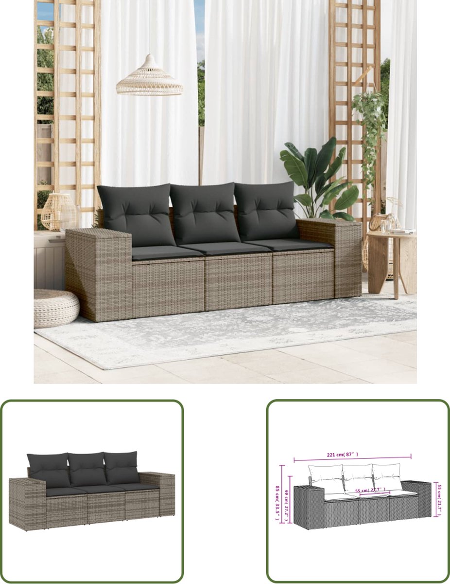 The Living Store 3-delige Loungeset met kussens poly rattan grijs - Loungeset - Tuinset - Lounge - Outdoor Furniture - Garden Furniture