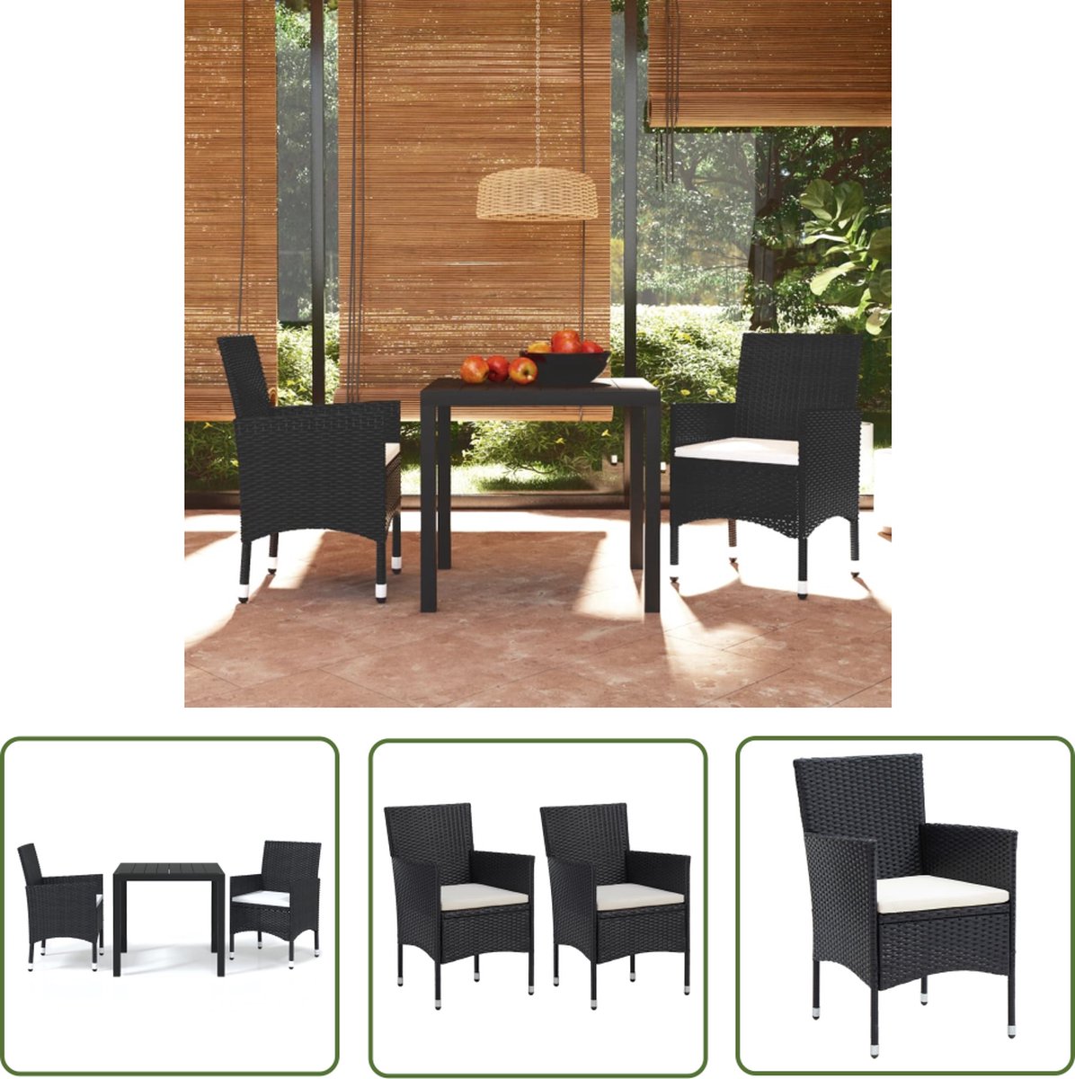 Zwarte poly rattan tuinstoel met kussens - 3-delige tuinset.