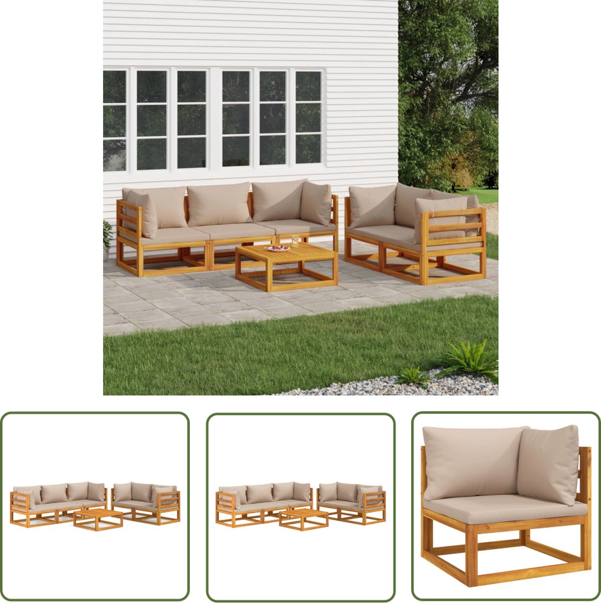 The Living Store 6-delige Loungeset met taupe kussens massief hout - Tuinsets - Lounge Sets - Acacia Hout - Outdoor Furniture - Buitendecoratie
