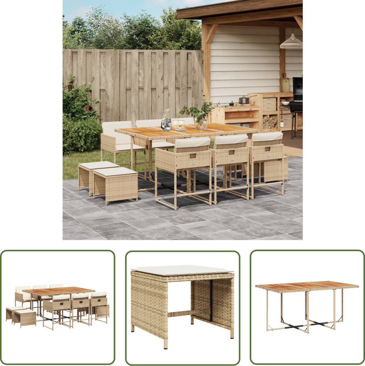 Tuinset met beige poly rattan kussens - Lounge en eetkamer patio meubels.