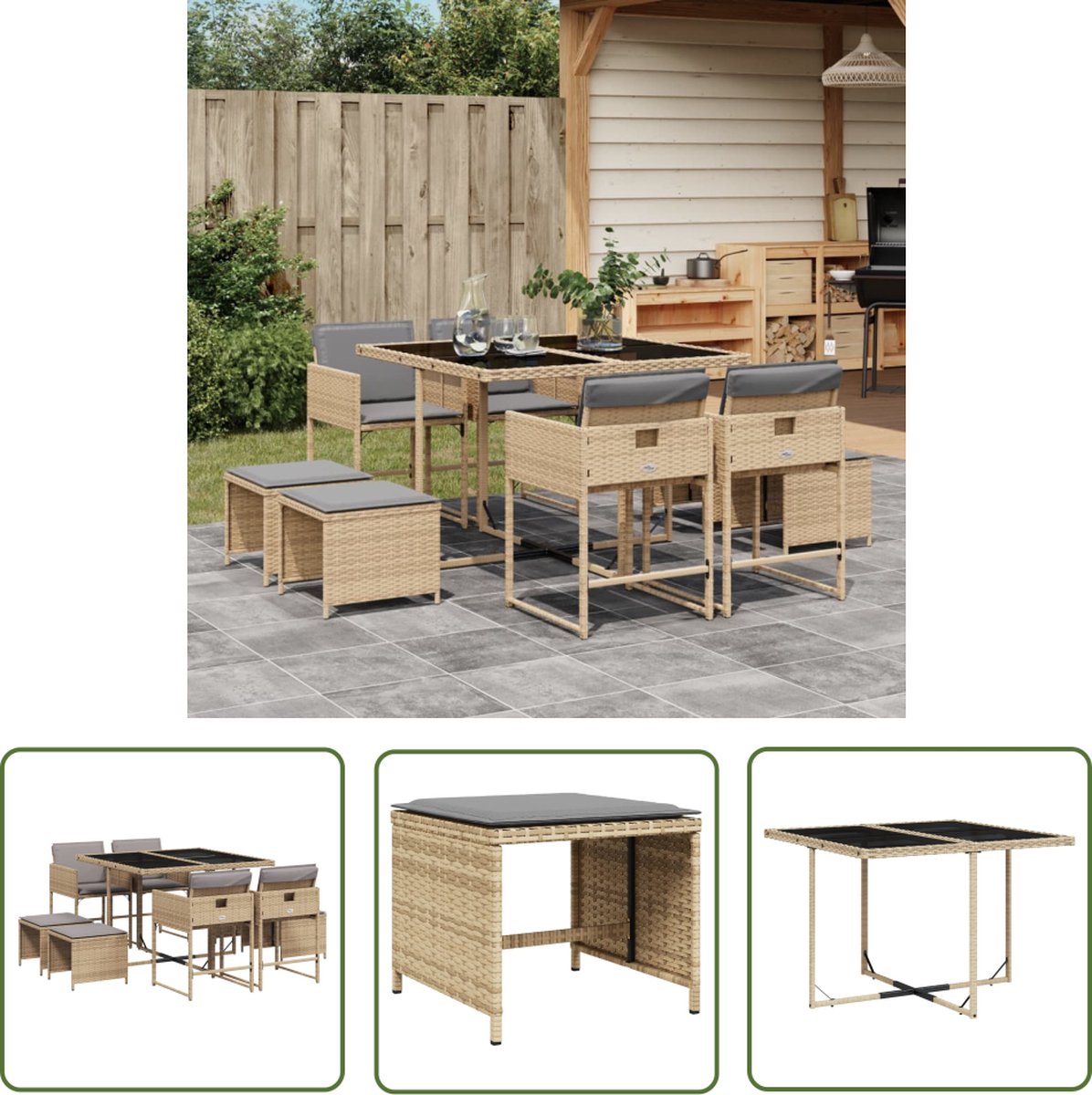 The Living Store 9-delige Tuinset met kussens poly rattan gemengd beige - Tuinset - Buitendecoratie - Lounge Set - Eetkamerset - PE Rattan