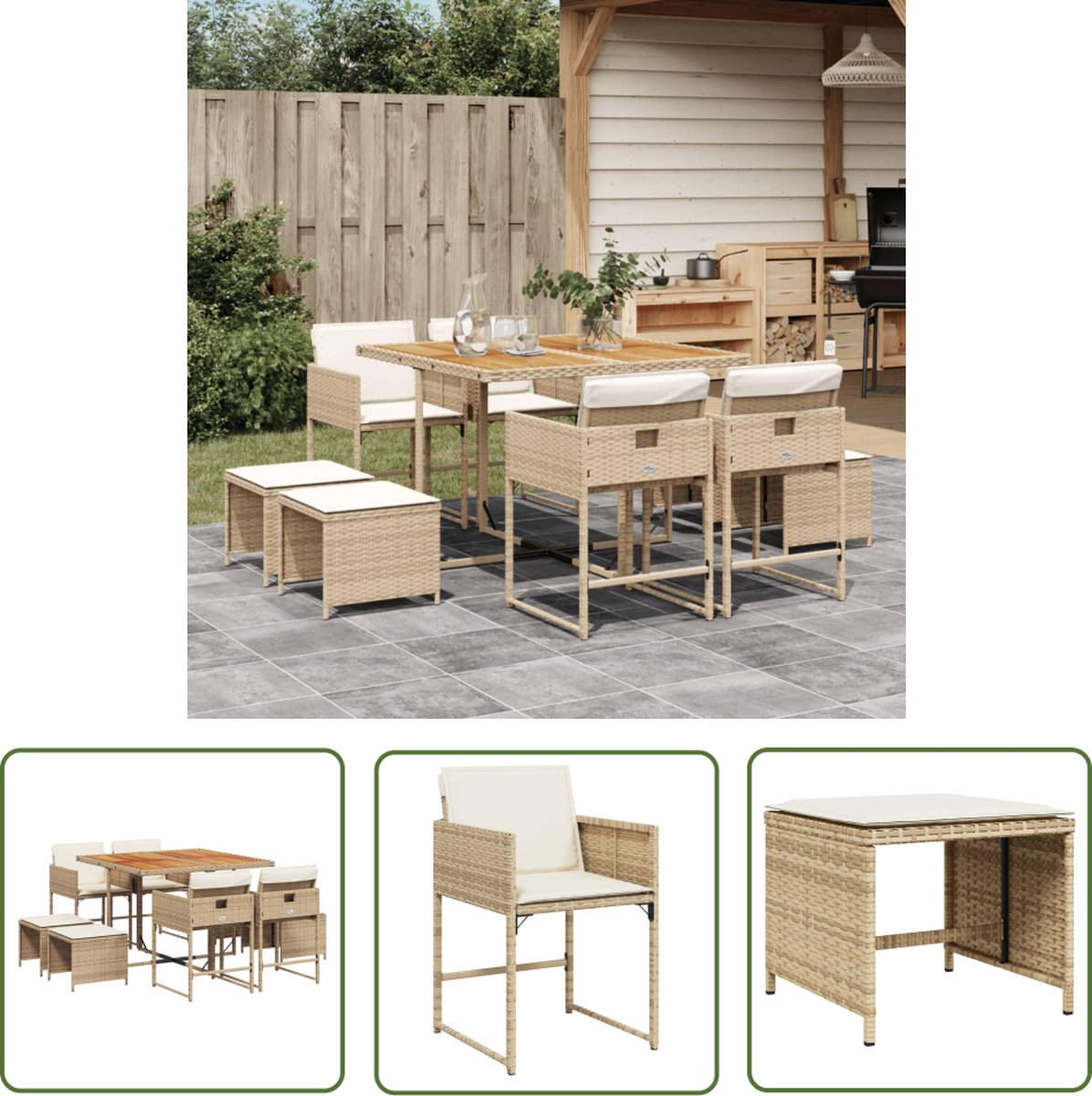 The Living Store 9-delige Tuinset met kussens poly rattan beige - Tuinmeubels - Tuinset - Lounge Set - Buitendining - Patio Furniture