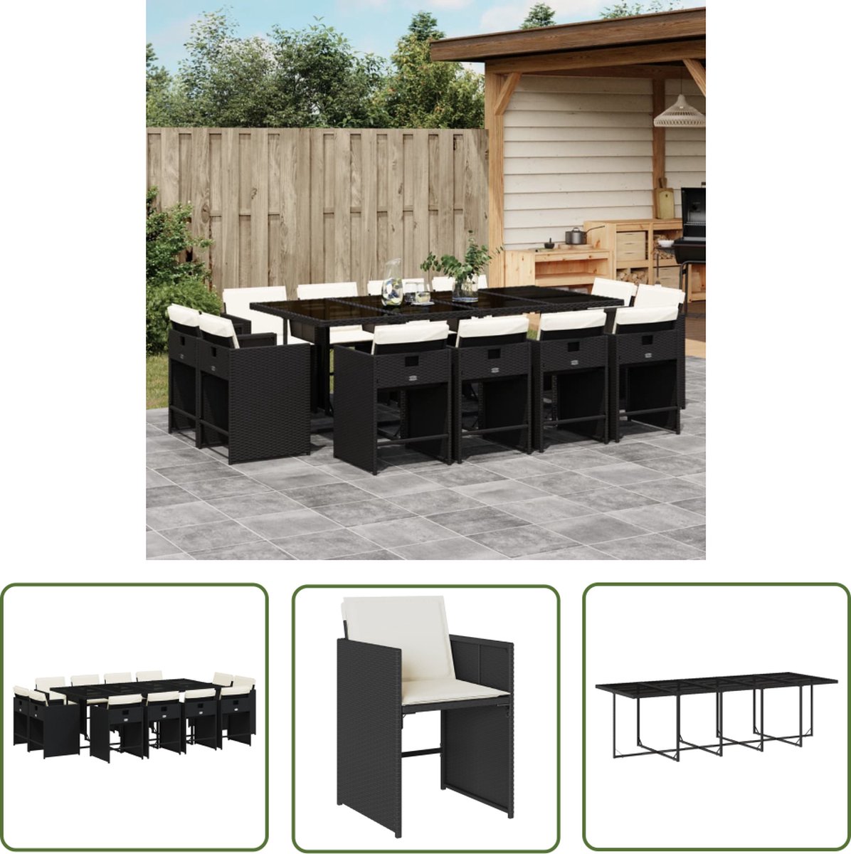 Zwarte poly rattan tuinset met kussens voor buiten - The Living Store.