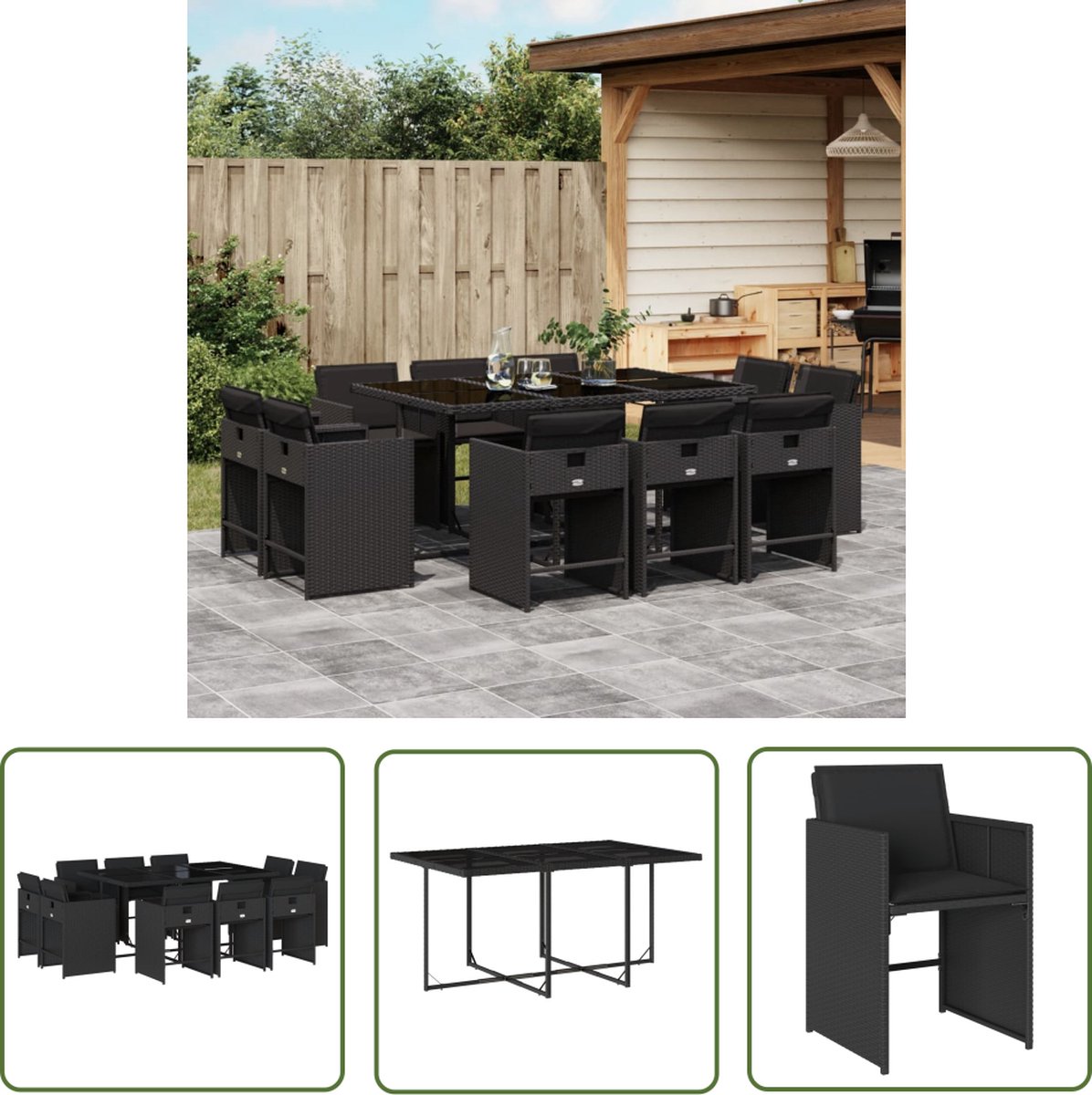 The Living Store 11-delige Tuinset met kussens poly rattan zwart - Tuinset - Buitenkamer - Eetkamerset - Lounge Set - Patio Furniture