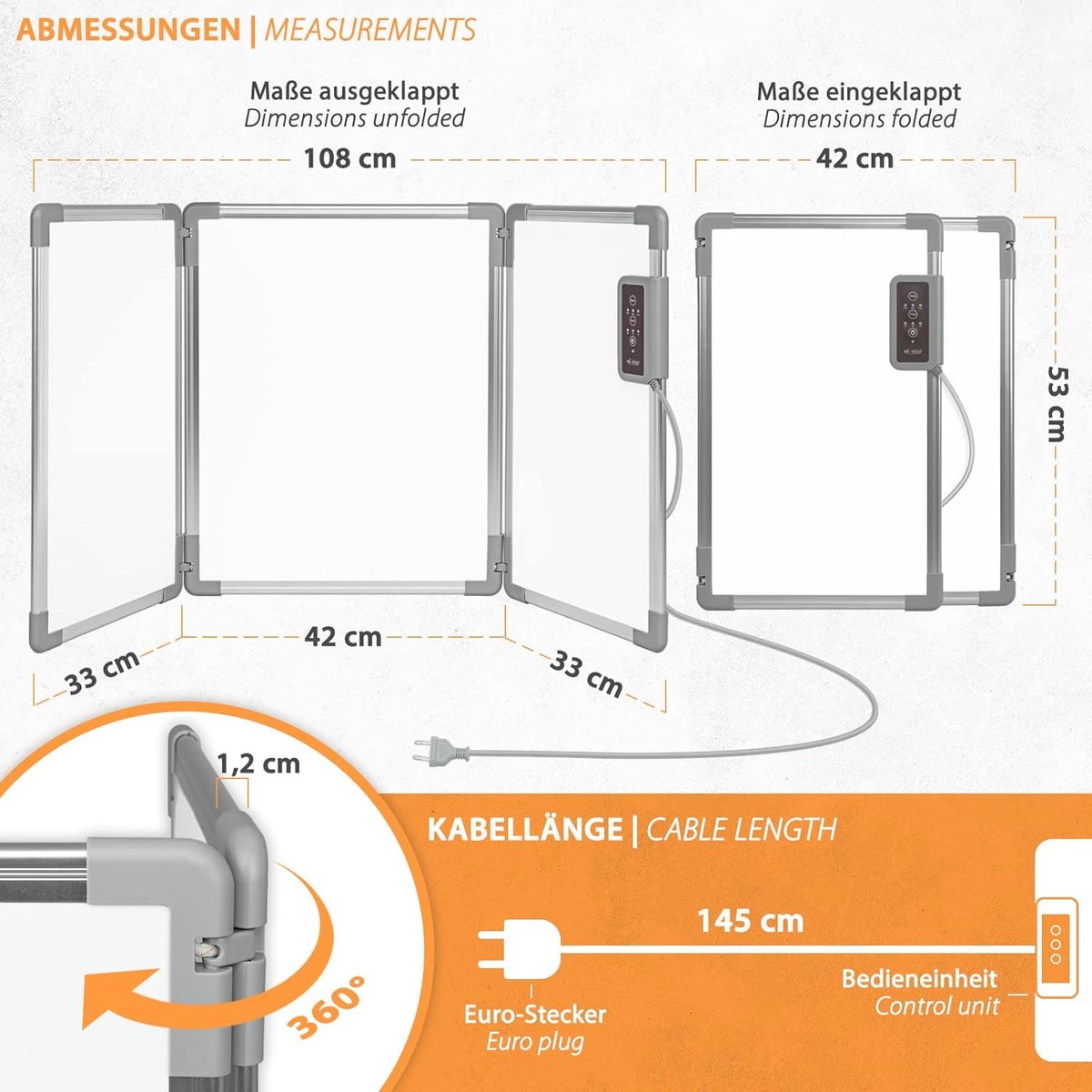 Infrarood paneel - Bureau verwarming – Verwarmingspaneel - Elektrische kachel – Mobiele Infraroodverwamer – Heater – Kachel – 53 x 108 cm – 350W – 3 Warmtestanden – foto 7